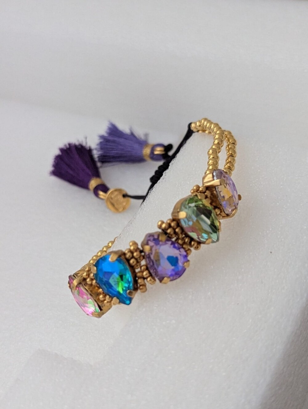 Adjustable Gold Tone Crystal Bracelet Princess Cut Multicolor Statement